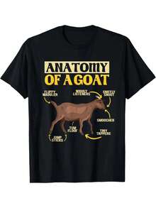 Camiseta gráfica de anatomía de cabra para hombres, diseño humorístico de partes del cuerpo de animales de granja con características etiquetadas, camiseta de cuello redondo de ajuste suave y delgado - Negro - Ver 1