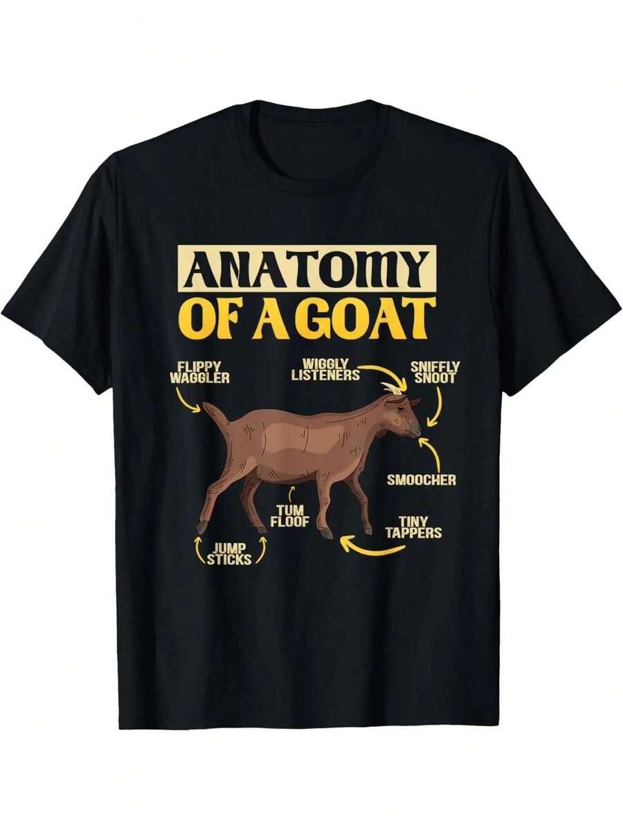 Camiseta gráfica de anatomía de cabra para hombres, diseño humorístico de partes del cuerpo de animales de granja con características etiquetadas, camiseta de cuello redondo de ajuste suave y delgado - Negro - Ver 1