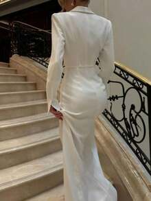 2025 New Style Party Dress - Elegant V-Neck Long-Sleeved Formal French-Style Skirt With High Waist And Slit Opening - trắng - Xem 4