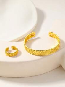 2pcs Fashionable Hollow Wheat Leaf Design Bracelet & Ring Set, Suitable For Daily Wear, Middle East Specific - Yellow Gold - View 6
