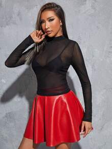 Black Mock Neck Mesh Top Without Bra,Ladies Sexy Sheer Regular Sleeve Stand Collar Slim Fit Black Plain Women Tops,Spring/Fall,Casual Daily Wear - 黑色 - 查看 3