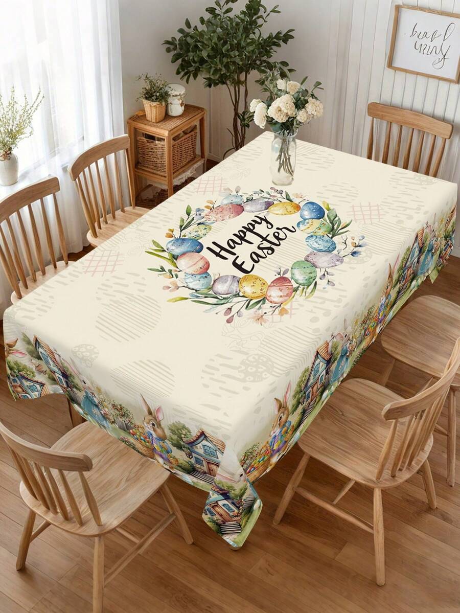 1 Stück Frühlings-Ostertischdecke, Landhausstil Hase & Eier Muster, rechteckige/runde Tischdecke mit Blumenkranz, ideal für Küchen-Esszimmer Tischdekor, Innen- und Außenbereich Picknicks, Feiertagspartys, Oster-Dekorationen für Zuhause, festliche Frühlings-Sommer-Partyzubehör - Verschiedenfarbig - Übersicht 1
