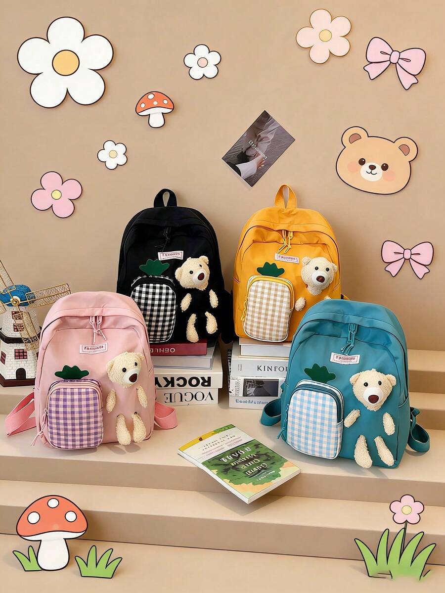 1pc New Simple Cartoon Backpack, Casual And Minimalist Design, Zippered, Adjustable Shoulder Straps, Suitable For School, Travel, Easily Holds Everyday Essentials, A Versatile Piece, A Fashion Favorite, Suitable For Various Styles And Occasions, Extremely Adaptable. - Cartoon Bear Backpack - View 1