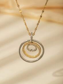 Gold & Silver Geometric Pendant Necklace - Greek Key/Rotating Circle/Diamond Rhinestone Jewelry, Suitable For Elegant Casual/Daily Wear - Gold - View 3