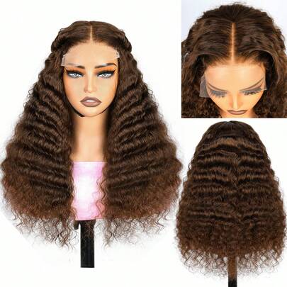 Tóc giả ren phía trước màu nâu sô cô la sóng sâu, tóc thật 180%, tóc xoăn sâu, tóc giả ren 4x4, tóc thật đã được tỉa sẵn đường chân tóc, màu nâu số 4, không cần keo dán, dành cho nữ.