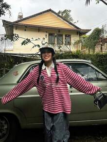 女士条纹数码印花长袖Polo衫，针织面料，宽松舒适休闲学院风春季款 - 紅色 - 查看 5
