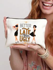 “迟到总比不到好”化妆品和洗漱用品收纳包 - 红色和金色复古少女设计，带有标语，轻便可折叠拉链包，化妆品和洗漱用品收纳包，拉链化妆包，轻便零钱包，洗漱包，储物袋，旅行配件，购物佳品，用途广泛，适合旅行，送给女友、妻子、闺蜜的可爱礼物，情人节和斋月礼物 - 彩色 - 查看 2