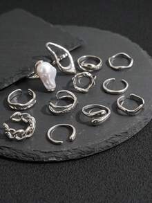 12pcs Baroque Style Faux Pearl Rings Set, Asymmetrical Layered Rings With Diverse Elements For Women - Silver - View 5