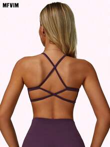 MFVIM 女士紫色运动文胸，交叉露背设计，性感无钢圈运动文胸，透气柔软弹力面料，适合通勤、户外、跑步、骑行、瑜伽、普拉提、健身房锻炼。 - 薰衣草薄霧色 - 查看 9