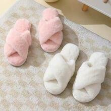 Cross-Strap Ladies Fur Plush Slippers Foreign Trade Cross-Border Slippers Open-Toed Slippers Home Girls Warm Cotton Slippers - 白色 - 查看 7