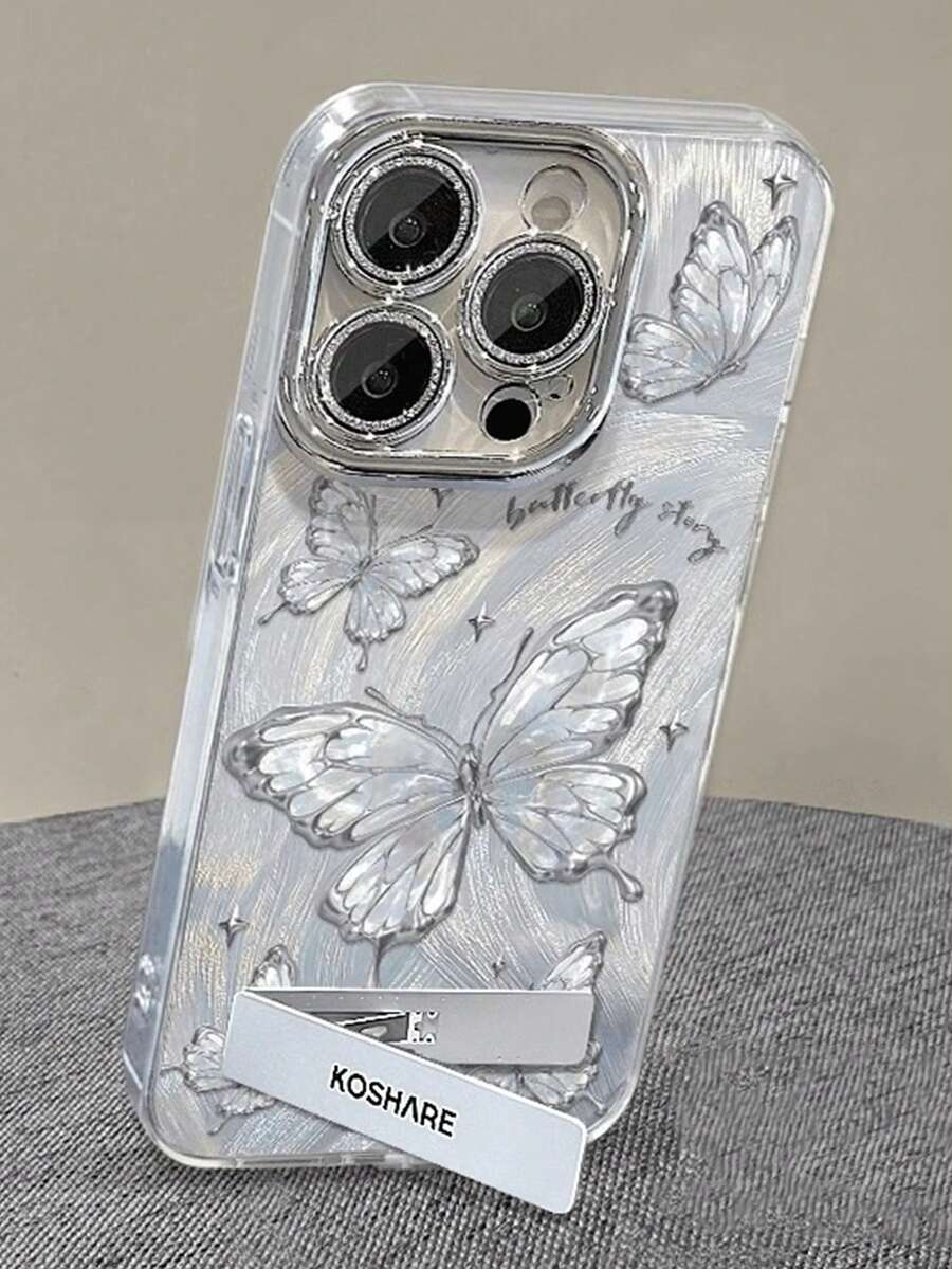 1pc Electroplated Glitter Full Coverage Phone Case With Butterfly Design & 3D Metal Stand, Compatible With IPhone 11/12/13/14/15/16/17/Pro Max