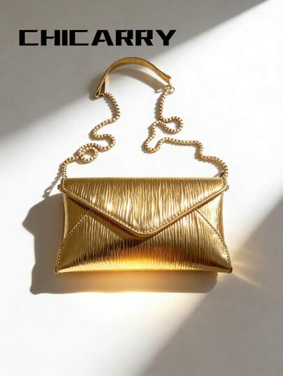 Women's Summer Gold Clutch Bag, Metal Chain Shoulder Strap, Flap Elegant Minimalist Envelope Bag, New Shoulder Bag, Suitable For Shopping, Dating, Commuting, Holding Phone And Coins, Beach Vacation, Casual Elegant Clutch, Evening Party Mini Square Bag