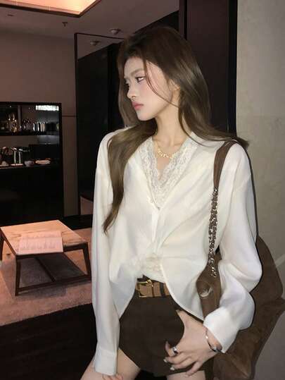 White Lace Trim Camisole Sheer Loose Blouse Top, Lightweight Minimalist Style For Women, Spring/Summer