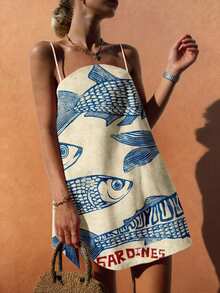 Starfish Bohemian Style Spring/Summer Beach Dress, Sardine & Letter Print Sleeveless A-Line Mini Dress, Women Brunch Set - Multicolor - View 6