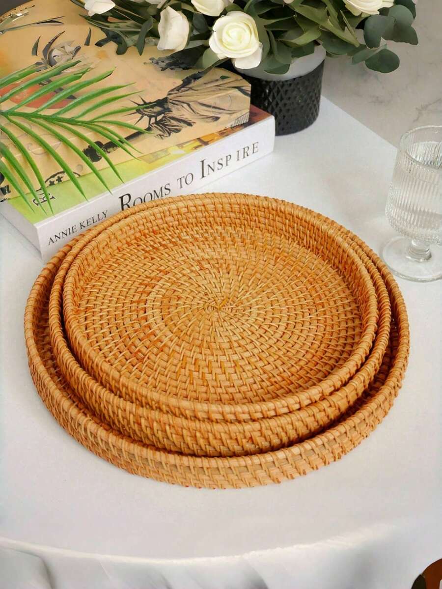 1 pieza Cesta de almacenamiento redonda tejida a mano, Cesta de mimbre, Adecuada para el hogar, la sala de estar, el comedor, picnics al aire libre, el Día de San Valentín, bodas, fiestas de cumpleaños - Multicolor - Ver 1