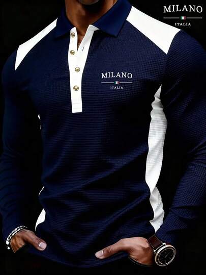 Upgraded Waffle Knit Long Sleeve Polo Shirt For Men, Milano Letter Print Colorblock Design, Metal Button Collar Polo, Niche Textured Structure, Suitable For Fitness, Outdoor, Golf, Casual Wear, Also As Holiday Gift
