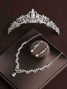 4入組女士鑽石水滴裝飾皇冠設計奢華頭帶和新娘珠寶套裝，適用於婚禮派對皇家頭饰 - 銀色 - 查看 2