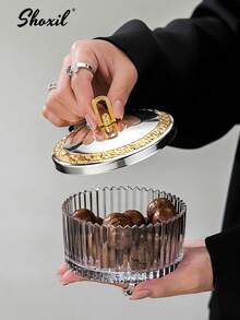 shoxil 1pc Striped Glass Bowl With Gold-Tone Lid, Suitable For Nuts, Yogurt, Ice Cream, Jewelry Storage, Tray, Decor, Serving, Applicable For Home, Restaurant, Gathering, Ramadan And Other Occasions - Bowl - View 2