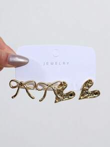 1-6 Pairs Of New Popular Earrings, Sweet And Cute Style, Bow Tie Strap Earrings, With Textured Round Ball Heart Shape, Made Of High-Quality Resin Material, Suitable As Valentine's Day Gift For Girlfriend. - Gold - View 12