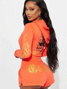 2 Piece Sets Woman  Two Piece Set Ropa De Invierno Mujer  2 Piece Sets Woman Winter Fall Set   Set Featuring Fashionable Street Style, Casual Comfort, Painted Zipper, Hat And Positioning Print - 橘紅色 - 查看 3