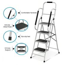 4 Step Ladder Folding Stool Non Slip Tread Steel Foldable Home DIY With Handrail - 4 Step With Handrail - View 9