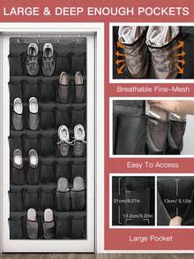 1pc Over-The-Door Shoe Rack With 14/24/35 Large Mesh Pockets, Suitable For Closet, Entryway, Bedroom, Bathroom, Storage Room, Can Hold Men's Sneakers, Women's High Heels, Flip Flops, Made Of Durable Oxford Cloth, High Capacity, Space-Saving, Mesh Backing, Ideal Gift - Black - View 5