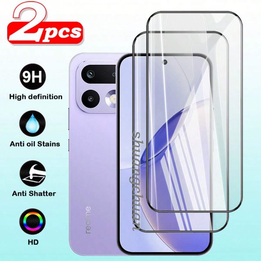 2 piezas Protector de pantalla de vidrio templado Realme 16 Pro, película de vidrio templado de pantalla completa, aluminio 3D de alta calidad, película de vidrio templado de gran arco - Borde negro HD - Ver 1