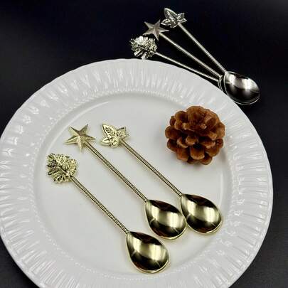 3pcs Vintage Coffee & Dessert Spoons, Delicate Leaf & Star Carved Tea Spoons, French Countryside Style Golden Stirring Spoons, Elegant Tableware For Home Cafe And Party Photoshoot