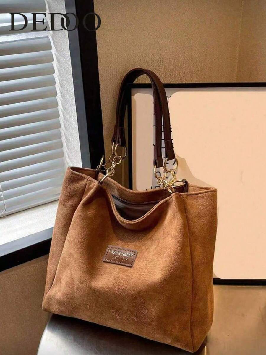 1pc Solid Color Faux Suede Tote Bag,Large Capacity Shoulder Handbag With Zipper, Fashionable For Commuting, Travel, Shopping, Dating, Gift For Women, Suitable For Teens, College Students, Beginners And Office Ladies,Applicable For Office, School, Work, Business, Commuting, Outdoor, Travel, Picnic, New Autumn And Winter Women Bag, Best Fall Purse, Newest Fashionable Suede Bag For Women, Perfectly Matching With Fall Outfits Women Fall Clothes For Women, New Fall Fashion 2025 For Women - 棕色 - 查看 1
