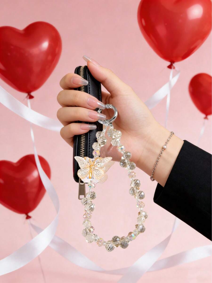 1件装蝴蝶水晶情人节新年手机腕带，手机吊坠，链条钥匙扣，串珠手机带，带扣免提手链，腕带 - 彩色 - 查看 1