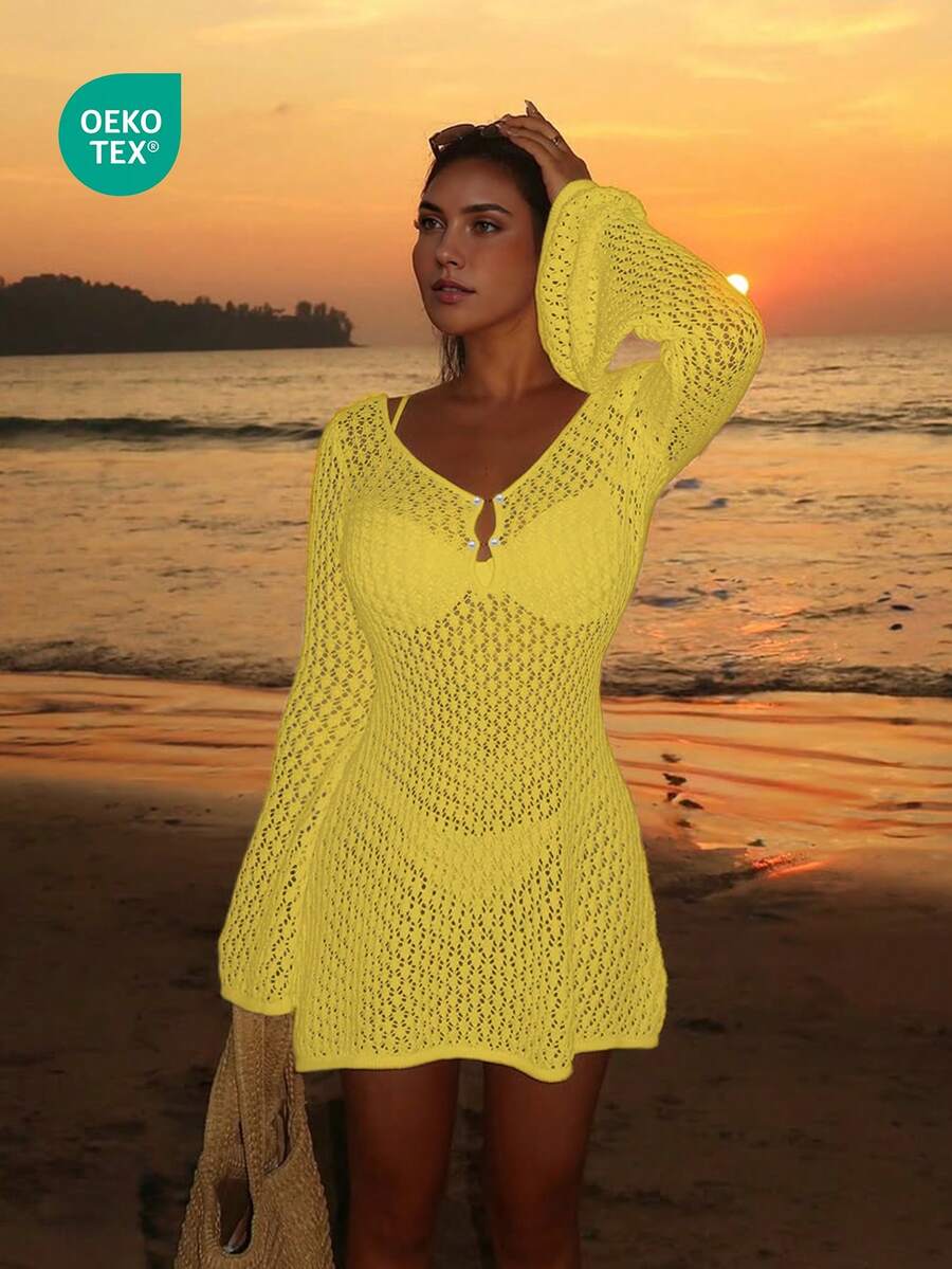 Women's Long Sleeve Hollow Out Swimsuit Cover Up, Elegant Bohemian Beach Resort Style, V-Neck Thin Skirt