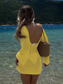 Damen Lange Ärmel Ausschnitt Badeanzug Strandkleid, eleganter Boho Bademode Stil, V-Ausschnitt Rock - Gelb - Übersicht 9