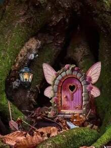 一套2D平面木质仙女门饰 - 心形和蝴蝶图案，梦幻花园和桌面摆件，室内/室外迷你景观艺术，仙女主题装饰，天然木工艺品 - 彩色 - 查看 3