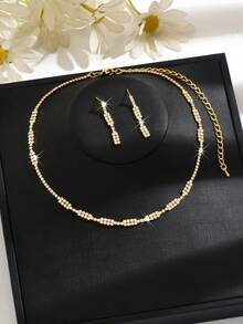 1pc Sparkling Crystal Rectangle Necklace & Earrings Jewelry Set, Copper Material, Suitable For Wedding, Party, Valentine's Day Gift - Gold - View 2