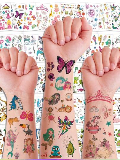 FTVLTAT 600+ Cute Patterns 60Pcs Temporary Fake Tattoo Stickers , Unisex Fake Tattoo Sticker Set ,Avocado Ocean Mermaid Shark Princess Various Cute Cartoon Patterns, Perfect For Daily Party Body Decoration, Party Accessory Supplies