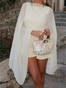 Women Chiffon Long Shawl Cape High Low Flowy Poncho Sheer Mesh Shawl And Wraps For Evening Dress Shawl Wraps Cover Up Wedding Party - trắng - Xem 2