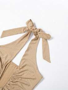 Halter Neck Bodycon Maxi Dress - Women's Sexy Deep V-Neck Style With Pleated & Open Back Details, Elegant & New - 卡其色 - 查看 6