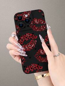 Fashionable Popular Personalized Red Leopard Print Lip & Heart Pattern Design Theme Luxury Shockproof Aesthetic Cute Phone Case,Lens Protrusion Protection , Compatible With For IPhone 17/17Pro/17Pro Max, 16,15,14, 13, 12, 11 Plus/Pro Max And Series,And Compatible With For Galaxy S/A Series, Gift For Easter Day, Christmas Halloween Decoration/Gift For Birthday, Girlfriend, Boyfriend, Friend Or Yourself. - 黑色 - 查看 2