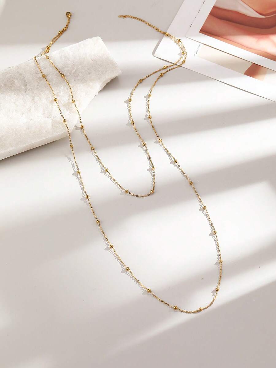 1 Simple And Fashionable Stainless Steel Double Cross Chain Necklace Women Suitable For Daily Life, Dating, Travel Wear, European And American Beaches Sexy Geometric Beads Double Necklace Jewelry. - necklace - View 1