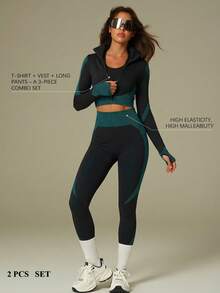 UONNOU 两件套女士运动服套装，长袖上衣和塑身裤，女士户外休闲服，运动服，塑身服，紧身衣，夹克款式，机车风格，立领，全开拉链，运动拇指孔设计，超短紧身上衣，提臀，收腰收腹，修饰腿型，让您看起来更苗条，运动紧身裤，高弹塑形，罗纹无缝针织柔软面料，适合运动和户外活动、瑜伽、健身、跑步、休闲日常、通勤、聚会和节日等，时尚运动户外套装，适合所有季节，秋冬春秋皆宜。 - 黑/綠 - 查看 3