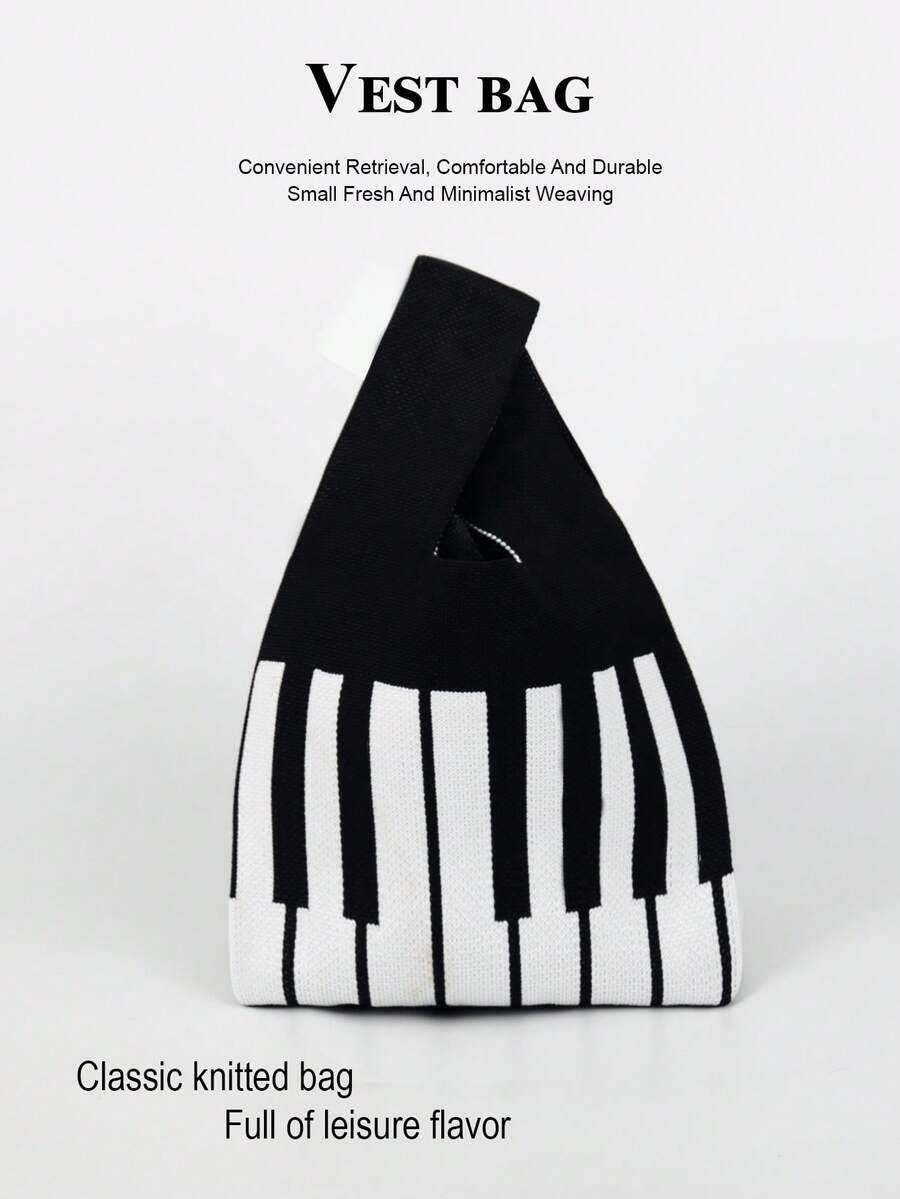 迷你轻便可折叠可爱蓝色树脂镂空透气撞色针织手提包腕包，适合度假、拍照、上学等场合，女士适用 - 黑與白 - 查看 1