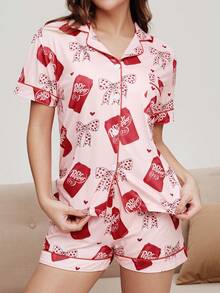 2 Stücke Damen Valentinstag Polka Punkt Schleife Herz Muster Kurzarm Shorts Pyjama Set, romantischer roter Saum Strick Top mit offener Knopfleiste, Elastikbund Hose, geeignet für alle Jahreszeiten als lässige Loungewear - Pink - Übersicht 7