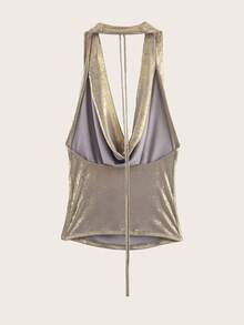 Solid Color Backless Halter Draped Sleeveless Top, Summer Vacation - Gold - View 2