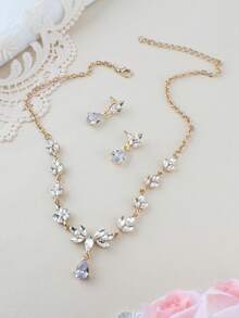 3pcs Elegant Minimalist Crystal Inlaid Necklace, Earrings & Jewelry Set, Cubic Zirconia Rhinestone Bridal Wedding Accessories, Valentine's Day Gift For Women