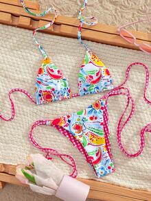 Sultry Sol Bộ bikini hai mảnh mùa hè dành cho nữ, áo cổ yếm phối màu tương phản tươi mát kết hợp với quần bơi buộc dây bên hông, gợi cảm và quyến rũ, phù hợp cho phái nữ, đồ bơi thời trang cho kỳ nghỉ, tiệc bể bơi. - Nhiều màu - Xem 5