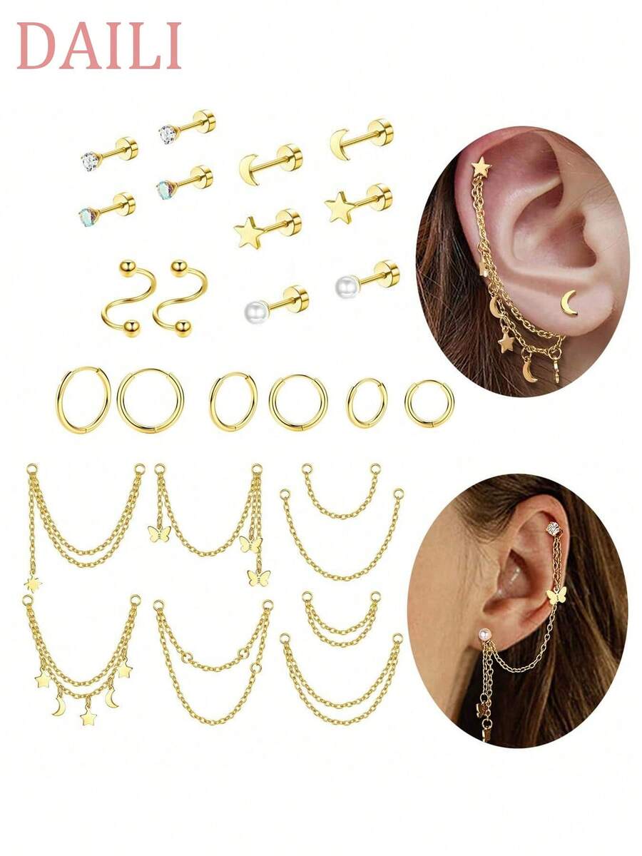 26 Pcs 20G Cartilage Earrings Set For Women Men Stainless Steel Helix Earrings Cute CZ Star Small Hypoallergenic Flat Back Stud Earrings Hoop Chain Dangle Conch Daith Helix Tragus Cartilage Piercing Jewelry - Chain Earrings Set - View 1