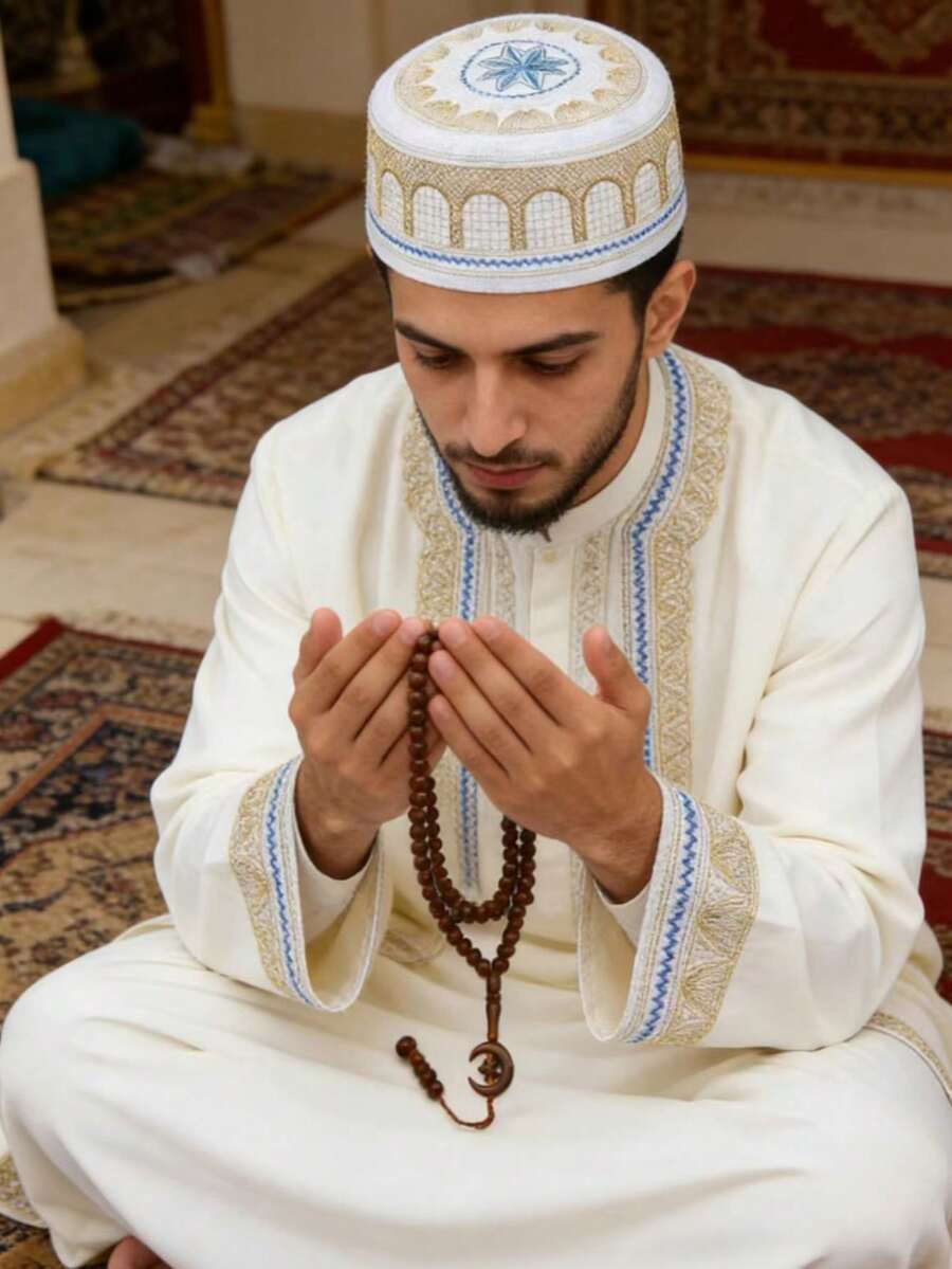 2pcs Prayer Kufi Hat, Islamic Kufi Cap Prayer Headwear, Embroidered Turkish Arabic Flat Top Sun Hat (Head Circumference 58cm/22.8in) - Multicolor - View 1