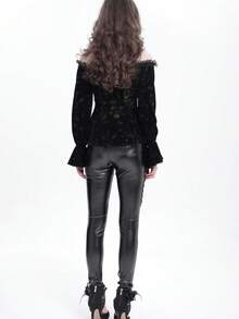 Gothic Dark Velvet Cold Shoulder Top, Lace Hollow-Out Embroidered Halter Tight Fitting Romantic Dark Shirt - Black - View 3