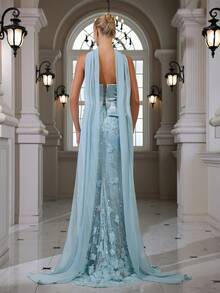 优雅性感缎面串珠亮片水钻花卉刺绣蕾丝无肩带修身美人鱼长裙，适合鸡尾酒会、聚会、宴会、婚礼等春季场合。 - 藍色 - 查看 4