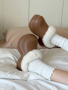 女士纯色户外EVA冬季无后跟头套拖鞋，厚底室内加绒低帮雪地靴，保暖舒适的家居鞋 - 卡其色 - 查看 8